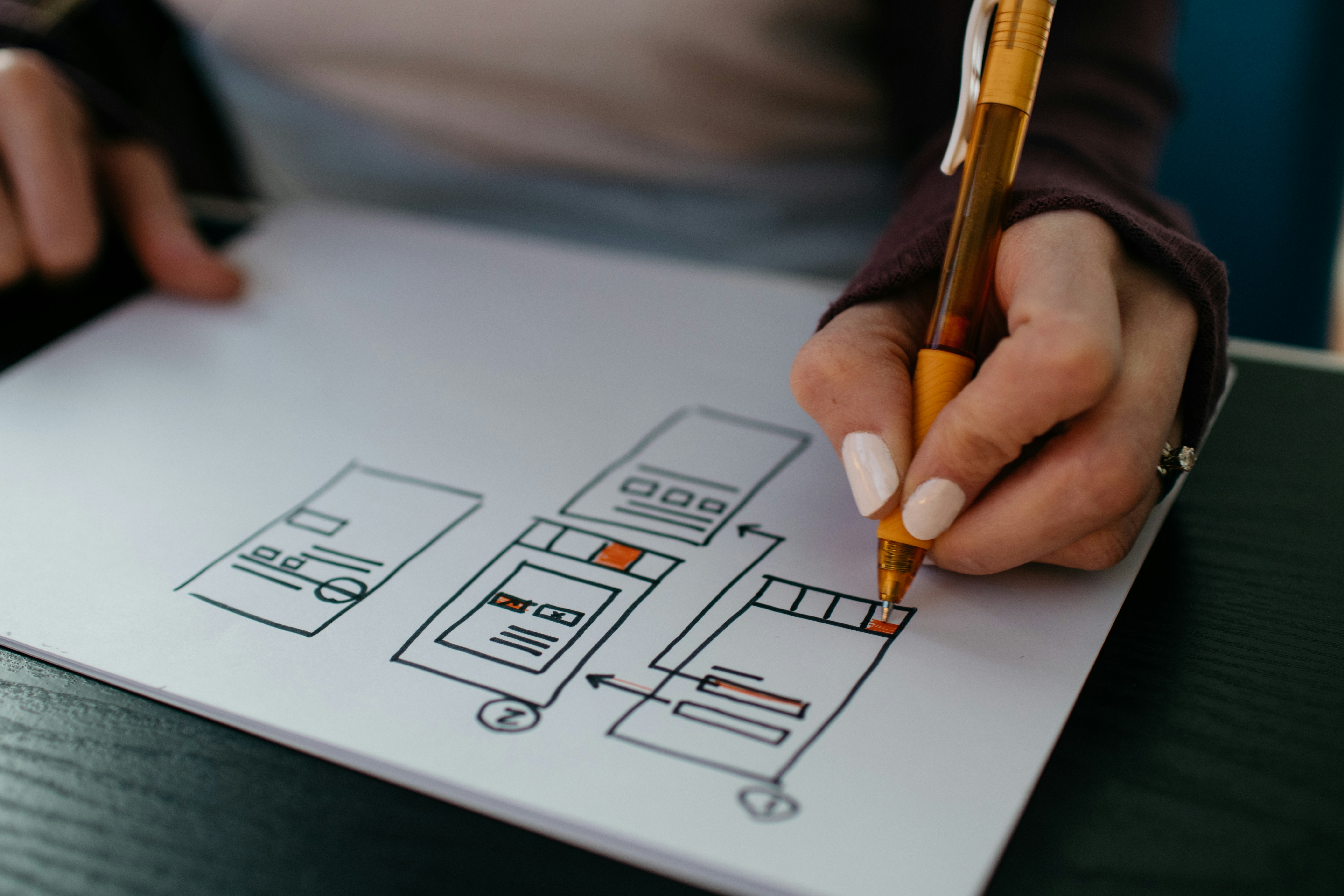 A person draws out an application screen flow.