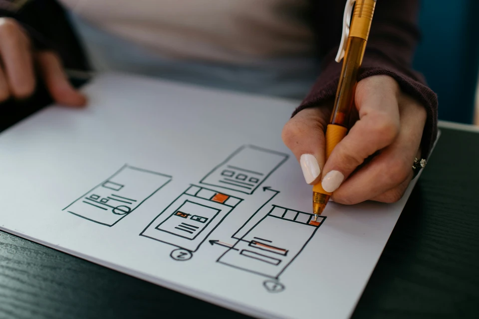 A person draws out an application screen flow.