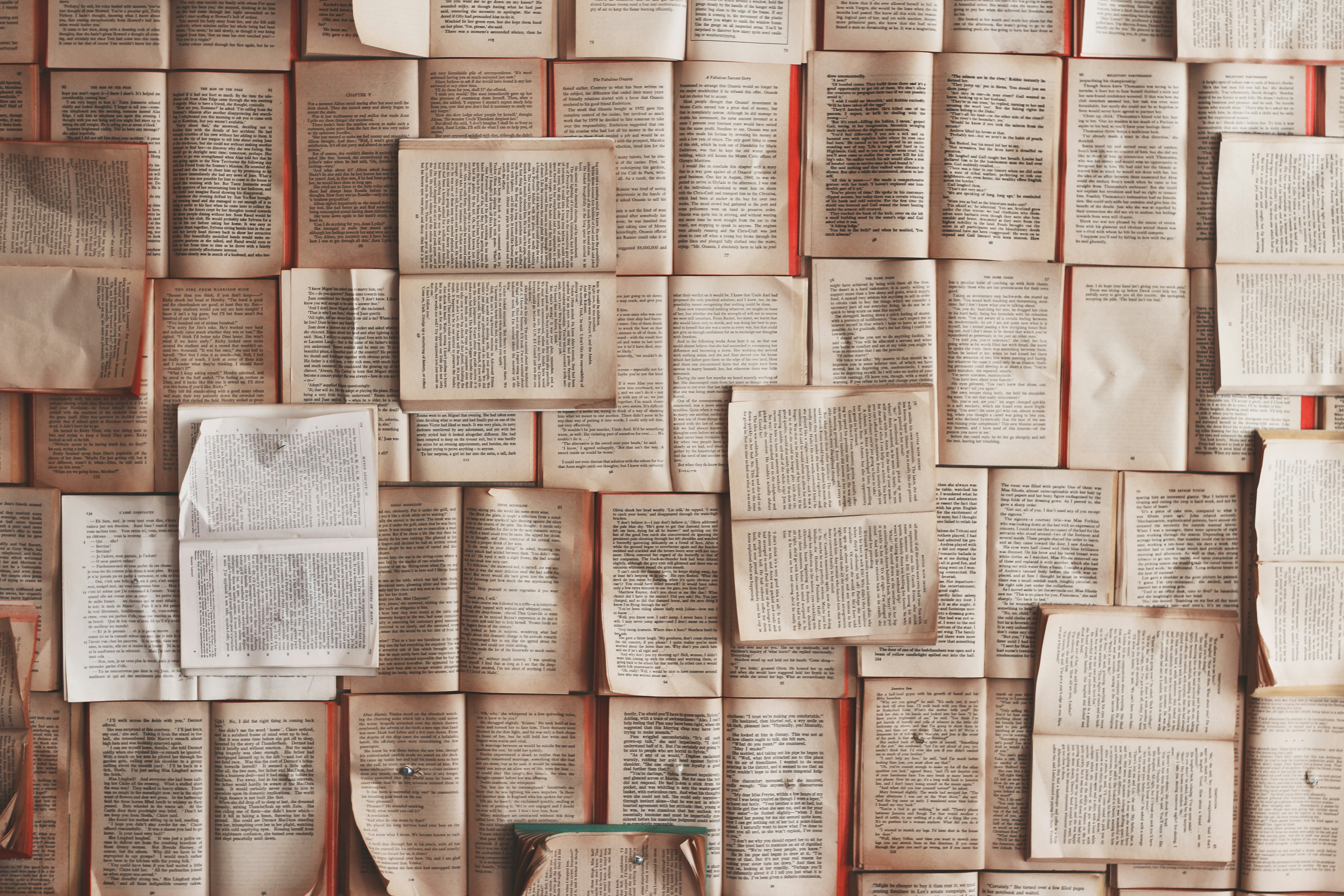 An overhead shot, looking down on many open books showing their text.