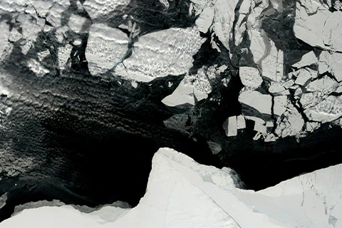 Polar ice breaking apart in the sea.